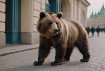 Fototapeta premium A large brown bear is leisurely walking down a bustling city street