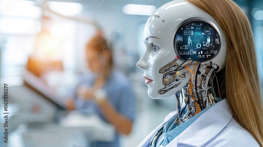 Aufkleber futuristic and innovative female scientist in pensive expression examining digital data at advanced 