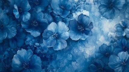 24.Navy blue flowers painted in delicate watercolor style, with varying shades of blue blending seamlessly into one another, set against a light, textured backdrop, creating a soft and elegant floral