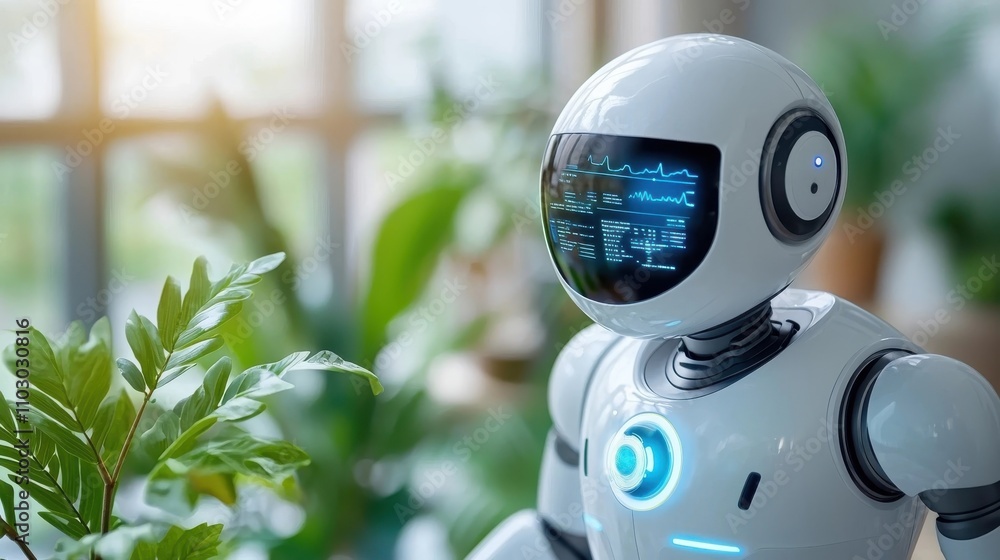 Poster robotic intelligence system monitoring green houseplants through a bright transparent window with a 