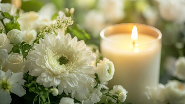 20.Candlelight burning steadily, surrounded by pure white flowers in a tribute arrangement, with a gentle glow casting soft shadows, evoking a sense of quiet reverence and respect for a funeral or