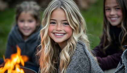 Fototapeta premium Happy children around a campfire. AI.