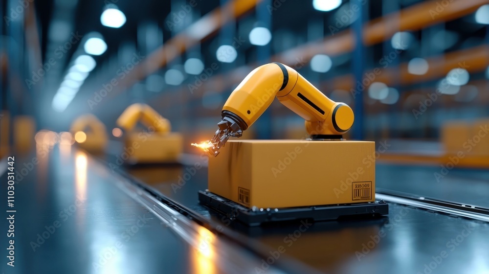 Poster robotic arm moving package on conveyor belt in smart futuristic factory automated packaging and logi