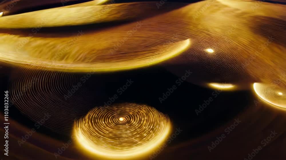 Poster pulsating streams of golden energy flows in circular waves, fading seamlessly and creating a hypnoti