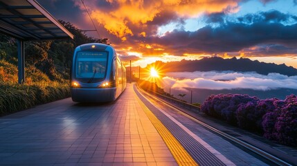 Obraz premium 54.Golden hour at Pico do Arieiro, with the peaks of the mountains towering over a blanket of clouds. Pride of Madeira flowers in their full purple-blue bloom and bright yellow Cytisus shrubs frame