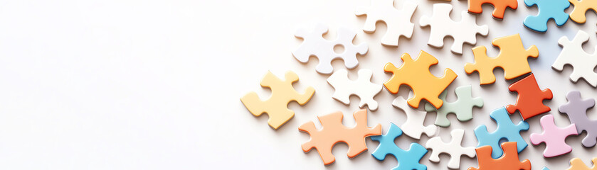 Fototapeta premium Colorful puzzle pieces scattered on white surface background, perfect for leisure and mind games.