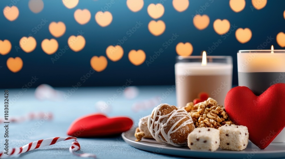 Poster cozy and intimate valentine s day setting with an array of heart shaped chocolate desserts cookies a
