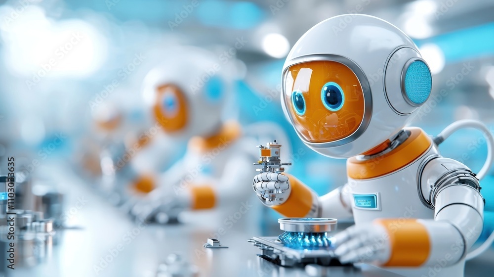 Poster a curious and intelligent looking robot with a sleek futuristic design closely examining the intrica