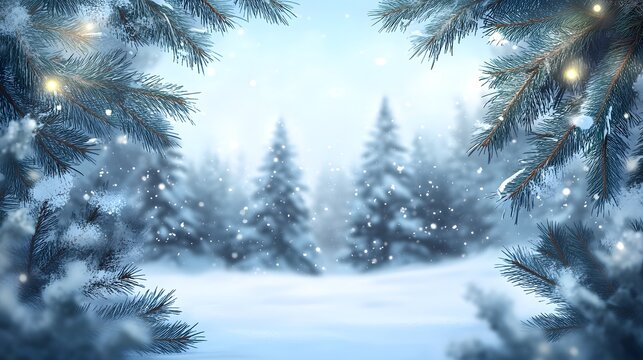 Christmas and winter landscape on blurred background, Christmas tree, pine branch or fir tree. Festive vacation background. Copy space