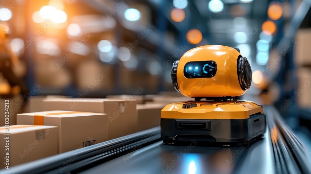 Poster autonomous industrial robot sorting and organizing packages on a conveyor belt system in a modern fu