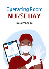 Operating Room Nurse Day. November 14. White background with nurse in red uniform. Design for banner, greeting card, presentation, flyer. Vector medicine illustration.