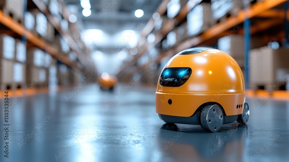 Poster autonomous mobile robot delivering packages in a futuristic warehouse environment with conveyor belt