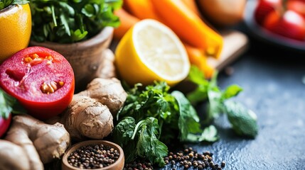 Fresh fruits and vegetables including ginger, tomatoes, and leafy greens arranged artfully to promote digestive health and support an alkaline diet.