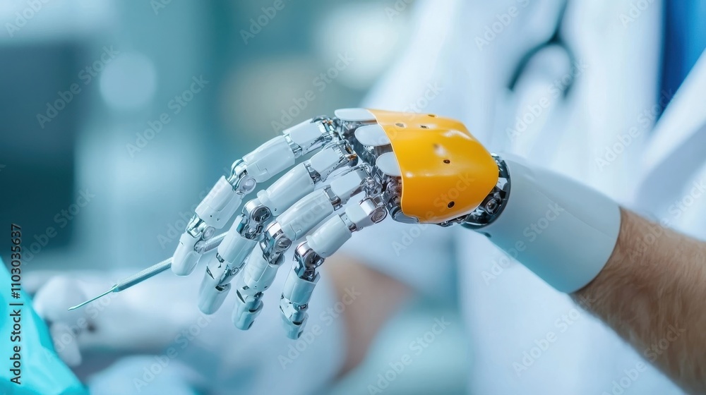 Poster robotic bionic hand showcasing advanced intelligence technology futuristic digital engineering and i