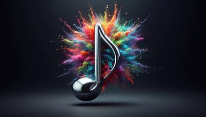 Shiny Metallic Music Note With Colorful Explosion On Dark Background 
