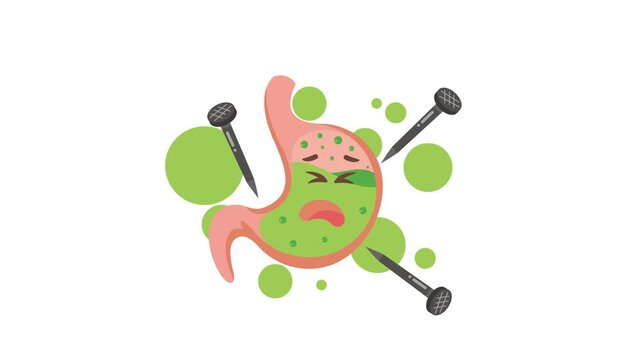animated illustration of gastric pain, increased stomach acid, transparent background, alpha channel setting, looping animation