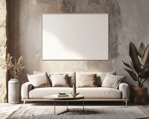 Minimalist living room with a large blank canvas on the wall. a beige sofa. a coffee table. and a rug The room has a large window with natural light