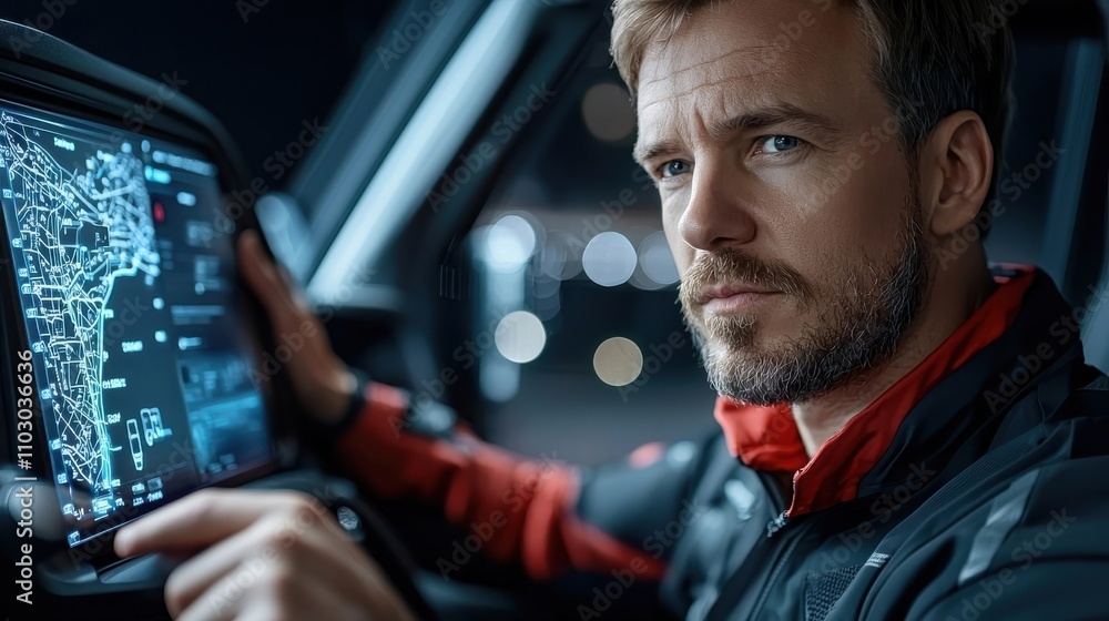 Poster focused caucasian male driver monitoring digital navigation dashboard and gps map display illuminate