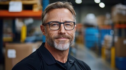 Obraz premium Confident and Serious Middle aged Caucasian Man with Beard and Glasses Posing for Headshot Portrait in Industrial Warehouse or Logistics Facility