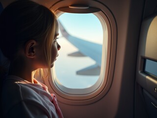 Fototapeta premium A Young Girl Gazing out the Airplane Window, Captivated by the View of Clouds and Wing During a Bright Afternoon Flight