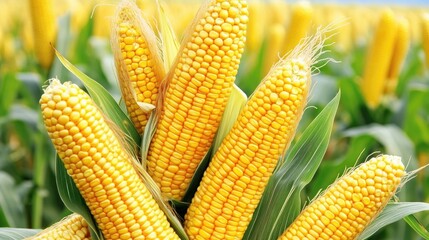 Close-up of ripe golden corn cobs surrounded by lush green leaves, set against a vibrant cornfield backdrop, showcasing agricultural abundance.