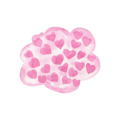 Watercolor painted pink hearts cloud. Can use for postcard, invitation, greeting card, sticker, label and so on. Pink watercolour heart hand drawn element for Valentines day design.