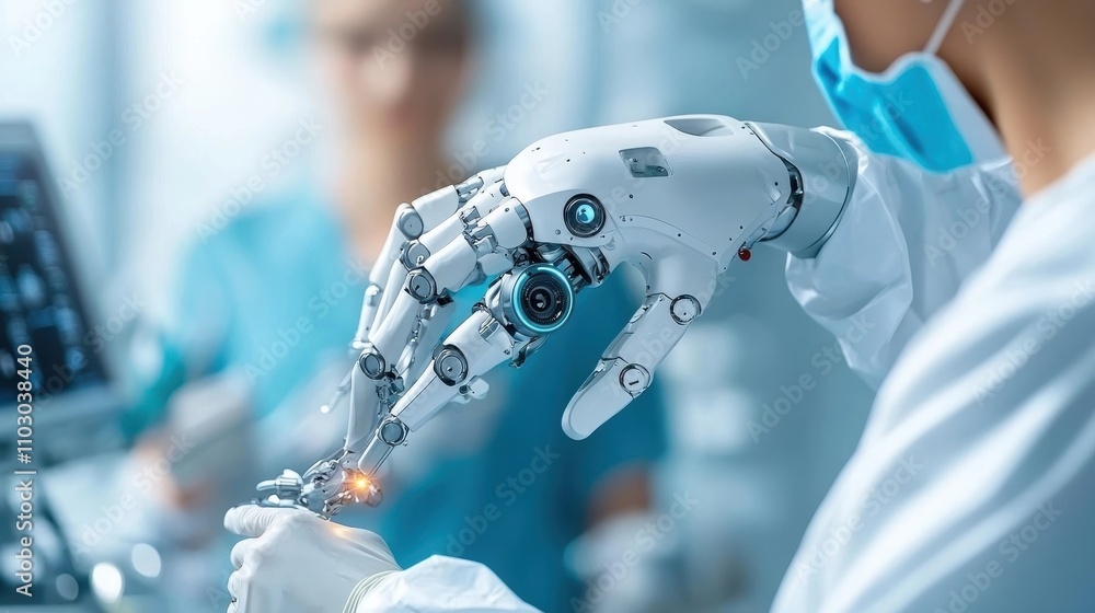 Poster close up view of a highly advanced robotic hand meticulously performing a delicate laboratory task s