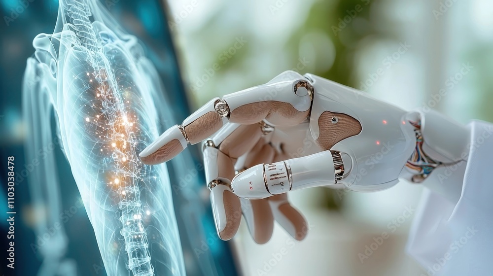 Poster robotic hand with mechanical fingers interacting with a futuristic digital interface highlighting th