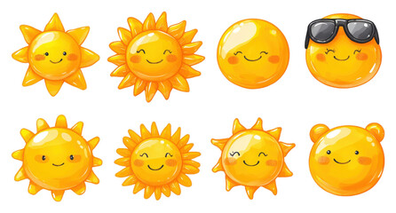 Fototapeta premium Cute Cartoon Sun Faces Summer Happy Emoji Icons Clipart