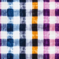 Fototapeta premium A vibrant, colorful plaid pattern featuring squares in blue, orange, black, purple, and white tones, creating an eye-catching textile design.