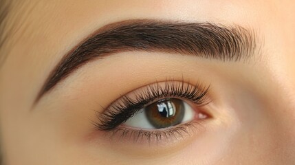 Obraz premium Close-up of expertly shaped eyebrows featuring precise lamination and styling, showcasing flawless eye makeup and healthy skin for a polished look.