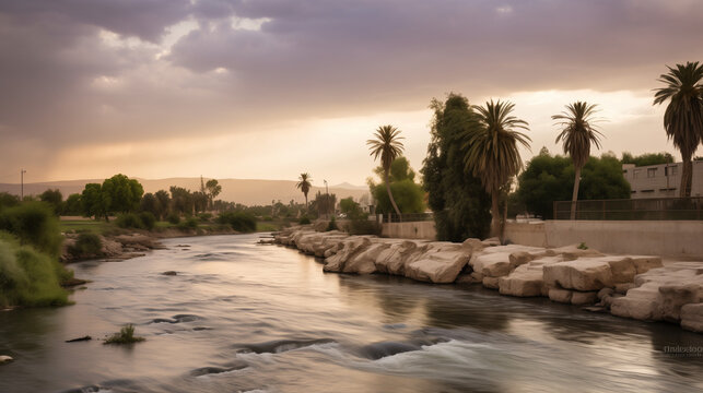 Historical depiction of the Jordan River, with a quiet shoreline and ancient stone structures visible in the distance, dramatic lighting evoking a biblical atmosphere