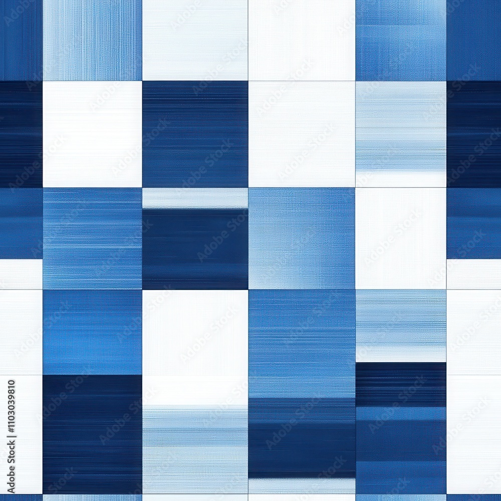 Poster a patterned design featuring blue and white squares, creating a modern, abstract aesthetic suitable 