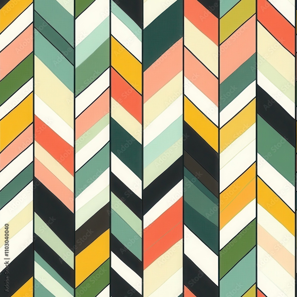 Poster a vibrant chevron pattern featuring alternating colors of green, peach, black, and white, creating a