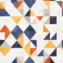 Fototapeta premium A vibrant geometric pattern featuring triangles and diamonds in blue, orange, gray, and cream tones, creating a modern and dynamic visual appeal.