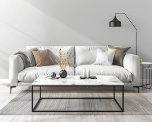 Modern living room with a white sofa. a marble coffee table. and a floor lamp