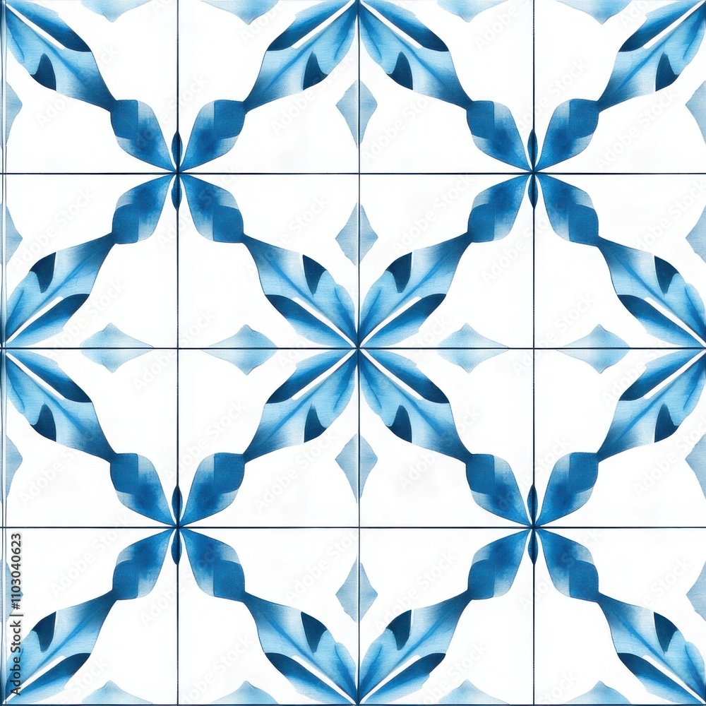 Poster a symmetrical pattern featuring blue shapes on a white background, creating a visually striking tile