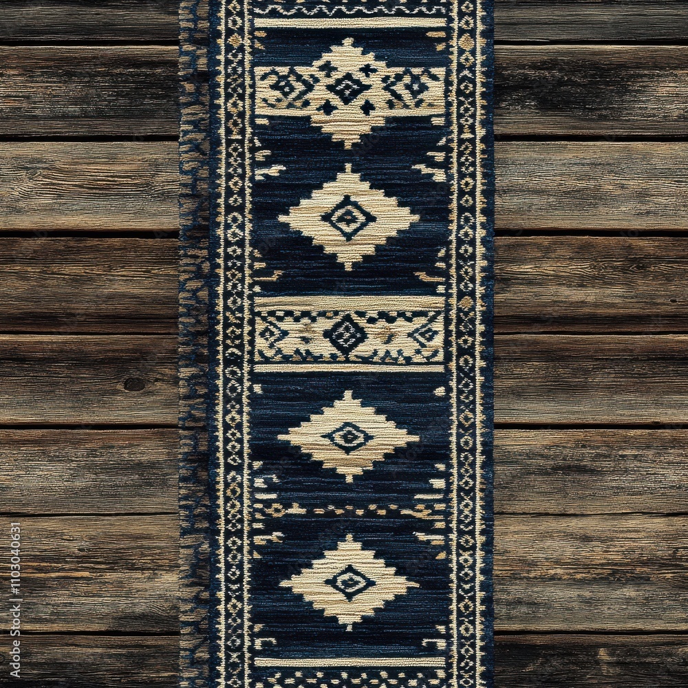 Poster a detailed woven rug featuring geometric patterns in cream and dark blue, set against a rustic wood 