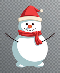 Smiling snowman in a Santa Claus hat and scarf on a transparent background. Symbol of New Year and Christmas. Vector flat illustration