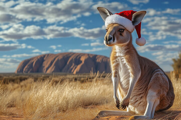 Christmas in Australia concept. A kangaroo wearing a Santa hat with Uluru or Ayers Rock in the background.