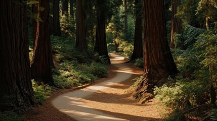 Serpentine path meandering through a lush grove of towering sequoia trees, dappled sunlight filtering through the dense foliage.