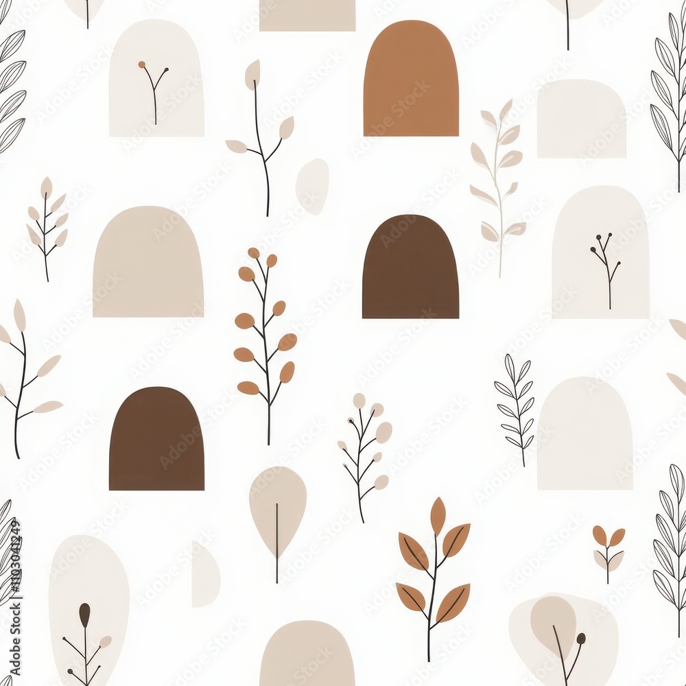 Poster a modern pattern featuring abstract shapes and simple botanical illustrations in earthy tones on a l