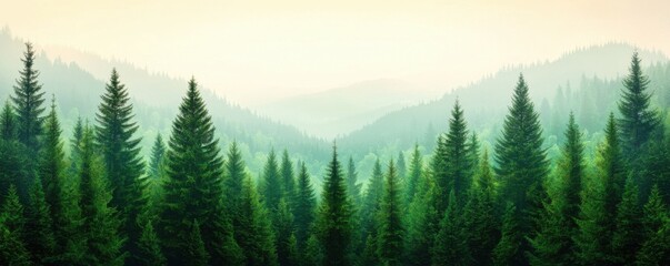 Fototapeta premium Lush green coniferous forest landscape with misty mountains in the background, creating a serene and tranquil atmosphere.