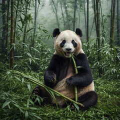 Obraz premium A giant panda eating bamboo in a lush green forest, surrounded by mist.