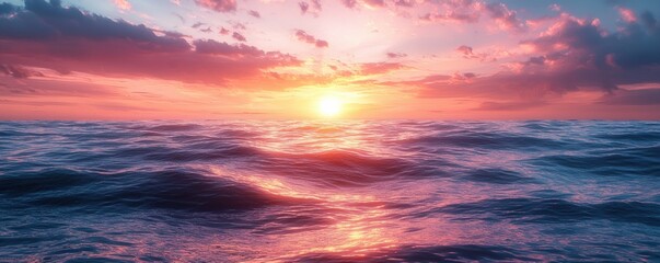 Fototapeta premium A breathtaking sunset paints the sky with vibrant hues over the shimmering ocean, creating a tranquil and picturesque seascape.