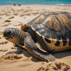 A serene turtle resting on a sandy beach under the warm sun.