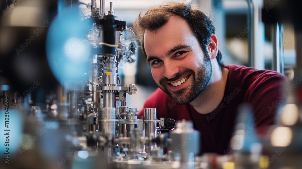 Poster smiling scientist in laboratory with advanced equipment and technology