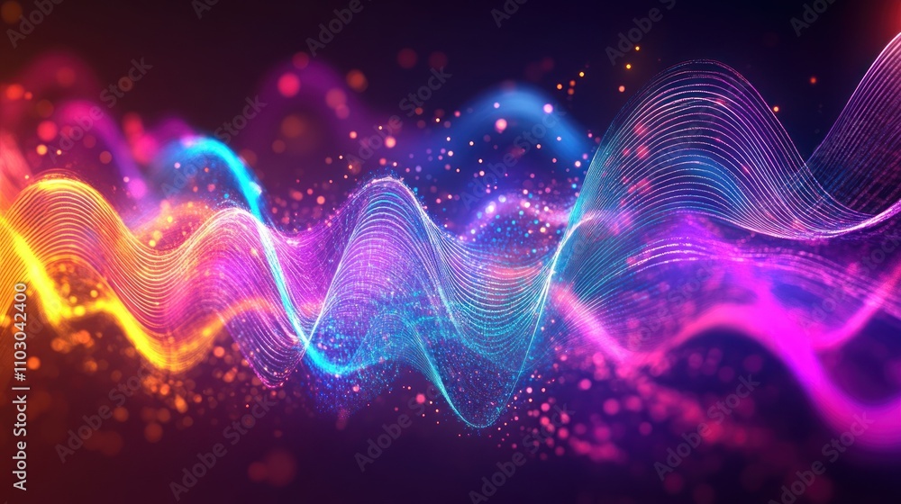 Poster abstract colorful wave background with glowing particles and vibrant colors.
