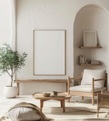 Minimalist living room interior with two armchairs. a coffee table. a plant. and a blank canvas mockup in an arched doorway