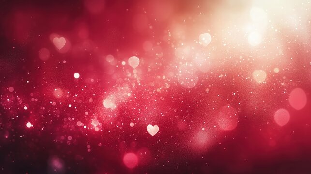 A romantic red background with bokeh light effects and faint heart shapes.